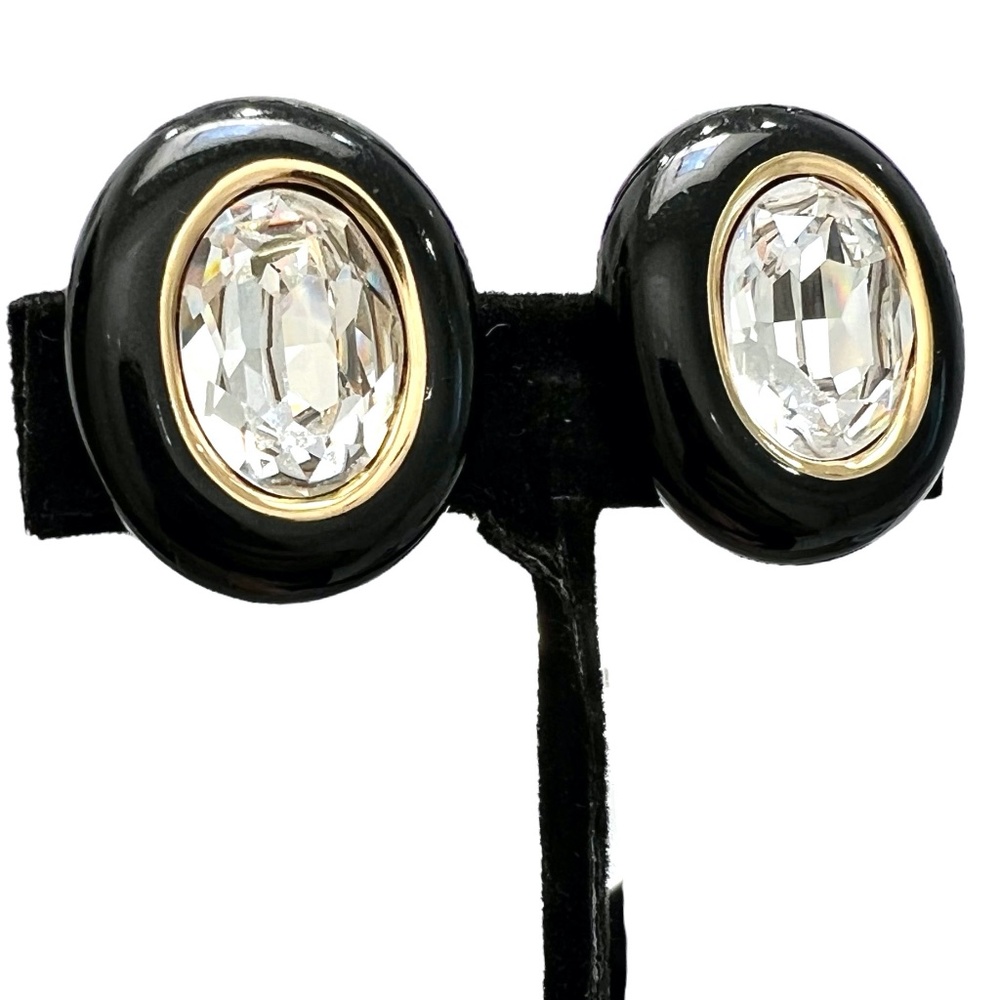 CHRISTIAN DIOR BLACK ENAMEL & FACETED CRYSTAL OVAL CLIP ON EARRINGS - Picture 13 of 16